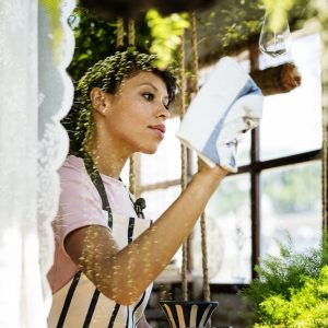 African Descent Woman Cleaning Wiping Shop Glass